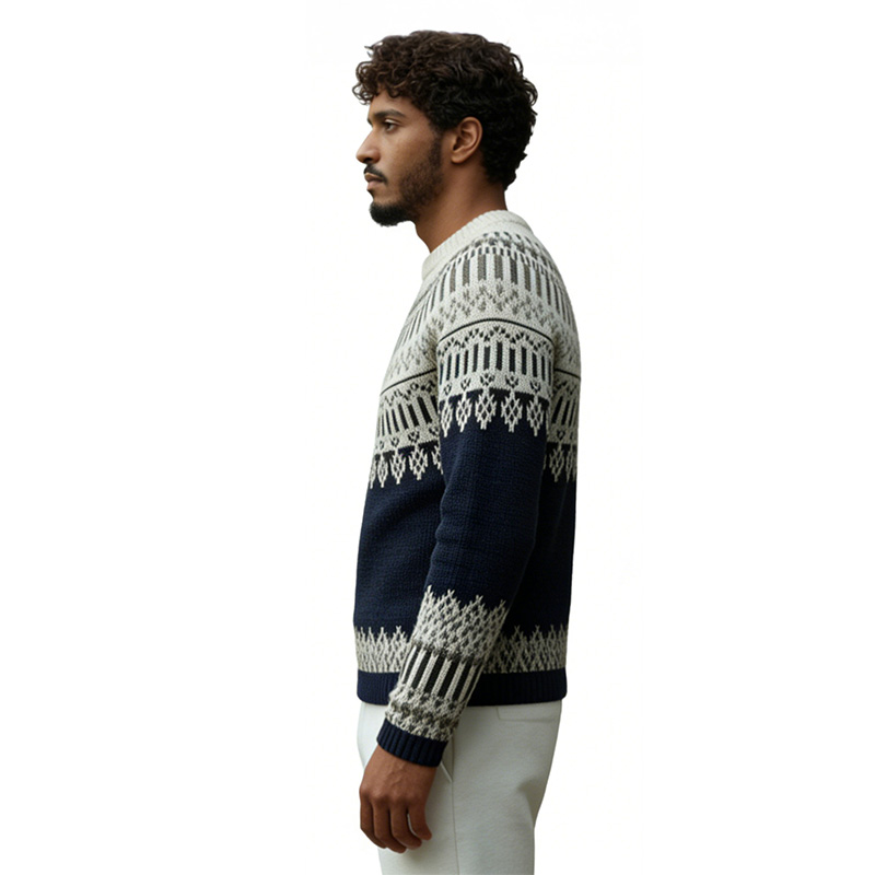 Вязаный свитер с круглым вырезом и жаккардовым узором Fair Isle темно-синего цвета, топ в скандинавском стиле ретро.