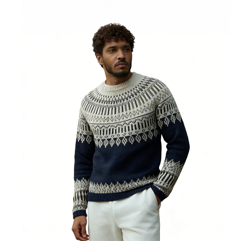 Вязаный свитер с круглым вырезом и жаккардовым узором Fair Isle темно-синего цвета, топ в скандинавском стиле ретро.