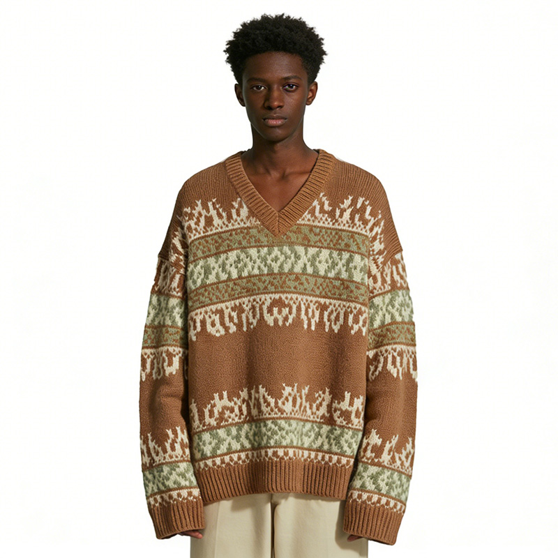 Вязаный топ с V-образным вырезом из жаккардовой ткани Fair Isle коричнево-зеленого цвета в стиле ретро Mori girl.