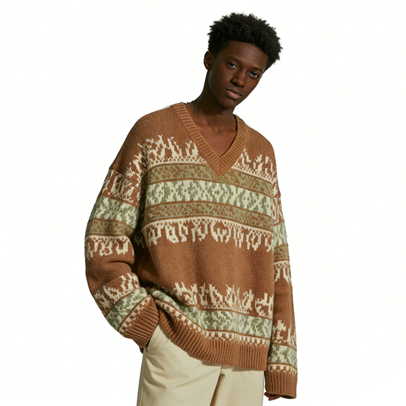 Вязаный топ с V-образным вырезом из жаккардовой ткани Fair Isle коричнево-зеленого цвета в стиле ретро Mori girl.