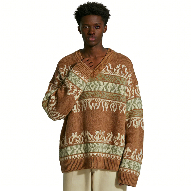 Вязаный топ с V-образным вырезом из жаккардовой ткани Fair Isle коричнево-зеленого цвета в стиле ретро Mori girl.