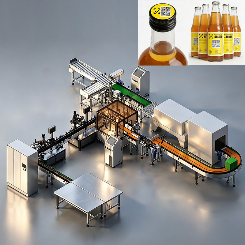 Автоматическая наклейка верхней части честной этикетки на бутылки Coca-Cola, производственная линия с трехуровневой ассоциацией матричных данных.