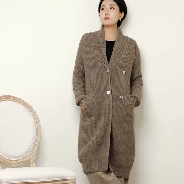 Женское вязаное пальто с воротником из кашемира