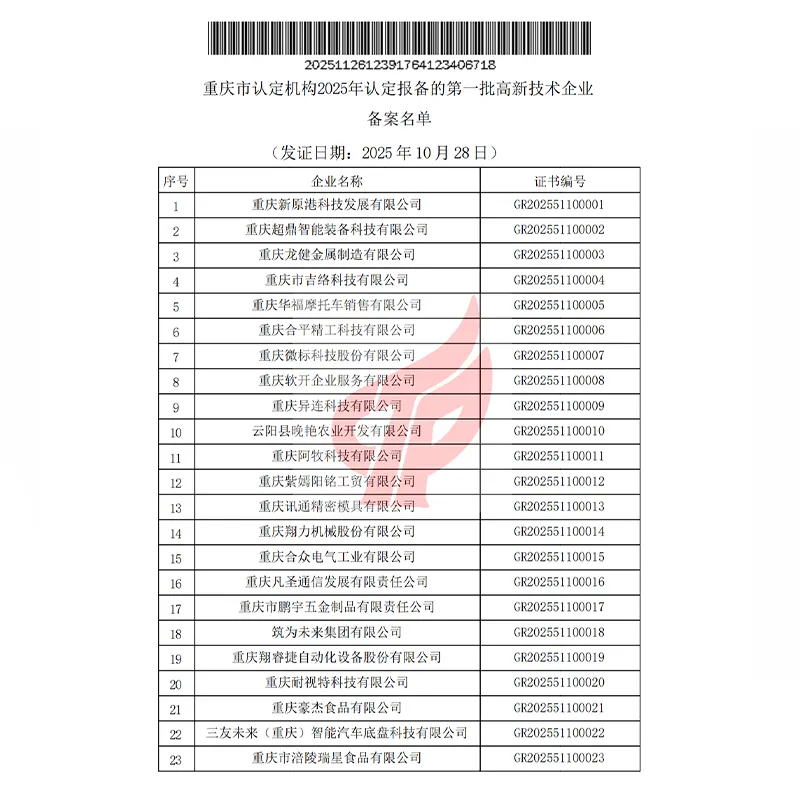 Первая партия высокотехнологичных предприятий муниципалитета Чунцин, утвержденных и зарегистрированных в 2025 году