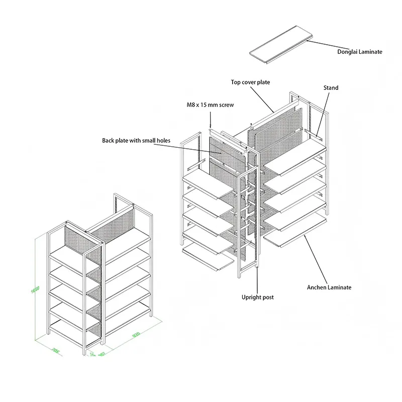 Четырёхопорные стеллажи в супермаркете (двусторонние)