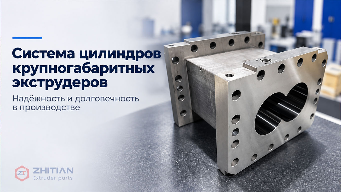 Крупногабаритный цилиндр двухшнекового экструдера ZHITIAN с фланцами и внутренними отверстиями для двух шнеков.