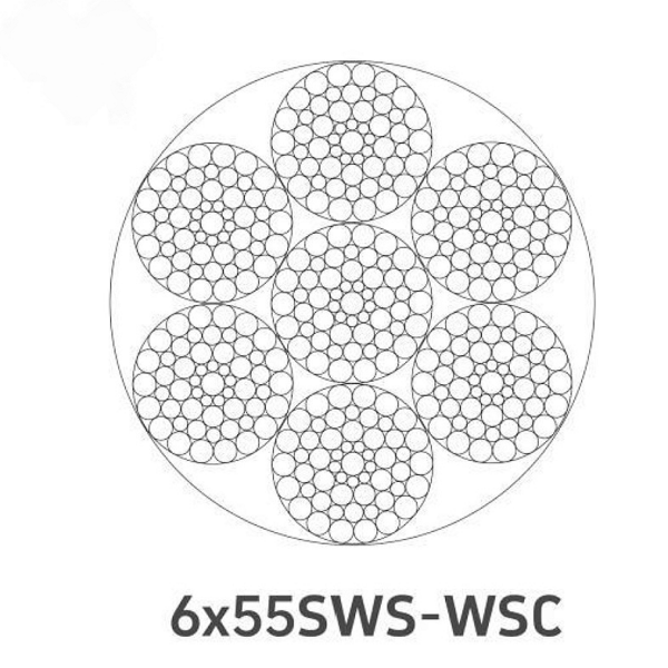 Трос 6×55SWS стальной, линейного касания, 6-прядный, с сердечником: стальным (IWRC/WSC), органическим (FC) или из стальных проволок