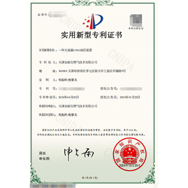Компания Tianjin Anaiji Gas получила патент на полезную модель для устройства снижения давления КПГ с высокой пропускной способностью