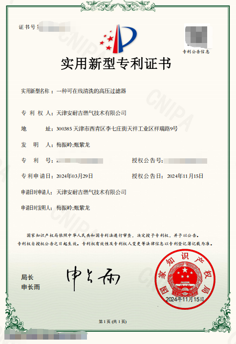 Компания Tianjin Anaiji Gas получила патент на