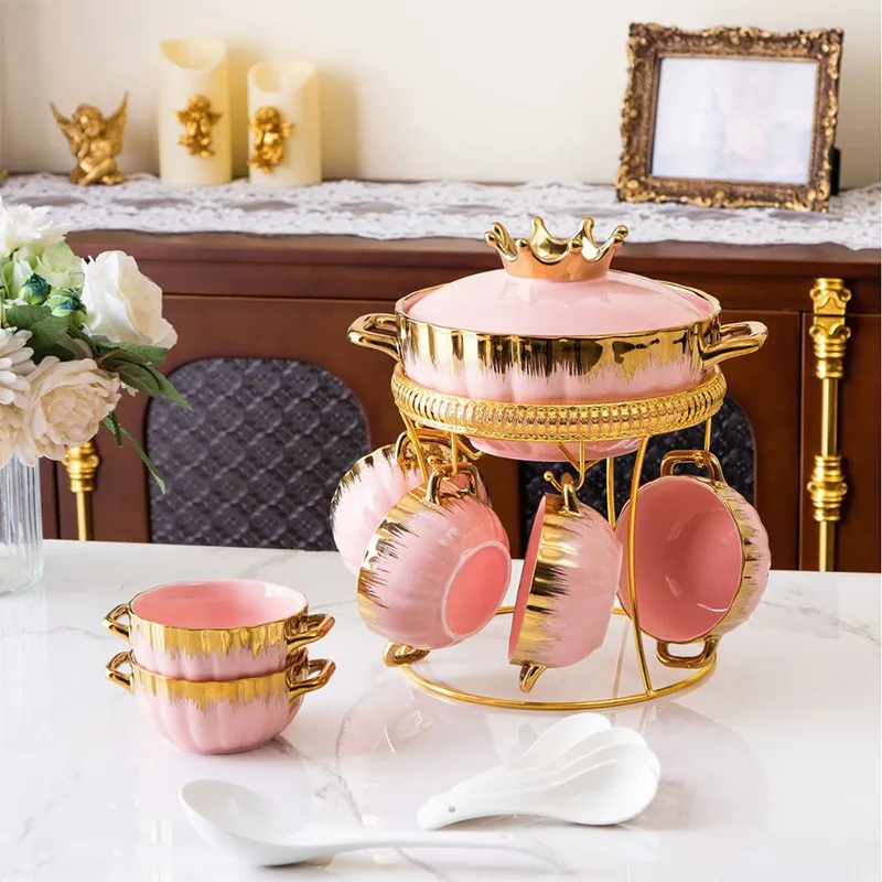 Золотой полосатый набор кастрюль с короной — керамическая домашняя посуда с золотой каймой, металлическая подставка, керамическая суповая кастрюля