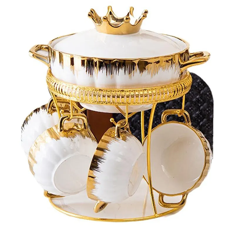 Золотой полосатый набор кастрюль с короной — керамическая домашняя посуда с золотой каймой, металлическая подставка, керамическая суповая кастрюля