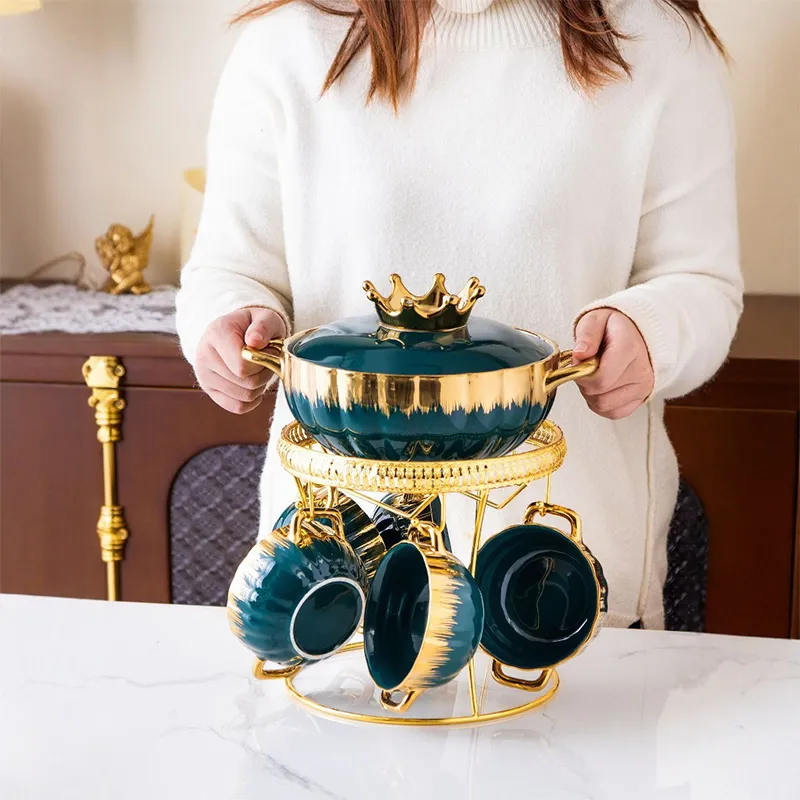 Золотой полосатый набор кастрюль с короной — керамическая домашняя посуда с золотой каймой, металлическая подставка, керамическая суповая кастрюля