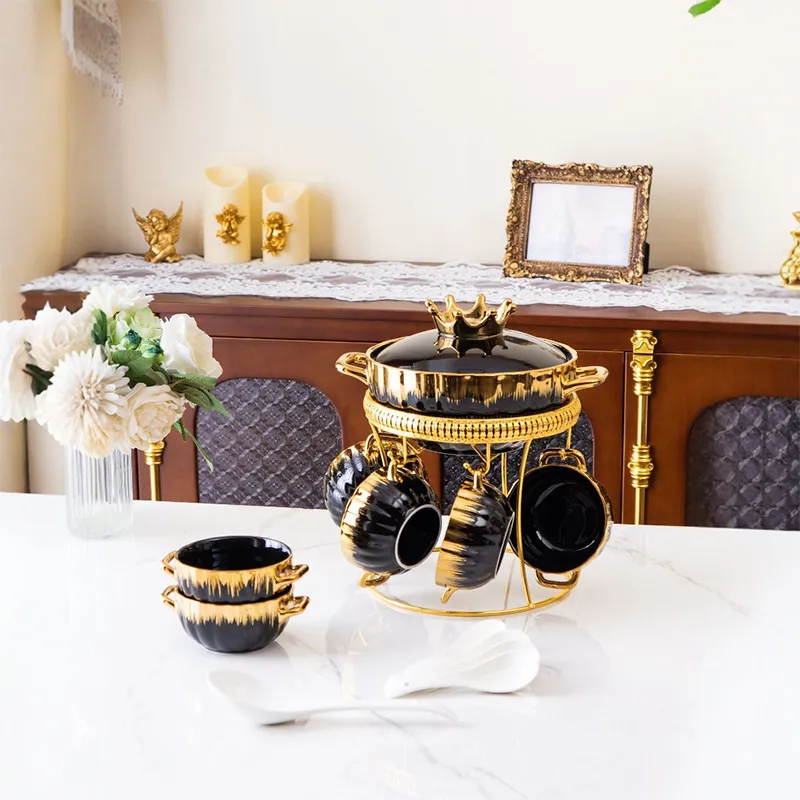 Золотой полосатый набор кастрюль с короной — керамическая домашняя посуда с золотой каймой, металлическая подставка, керамическая суповая кастрюля