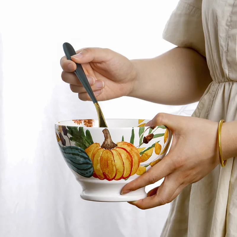 Индивидуальный керамический набор посуды для десертов — американская высокая ножка, круглая чаша для фруктов и салатов в стиле кантри, чаша для риса