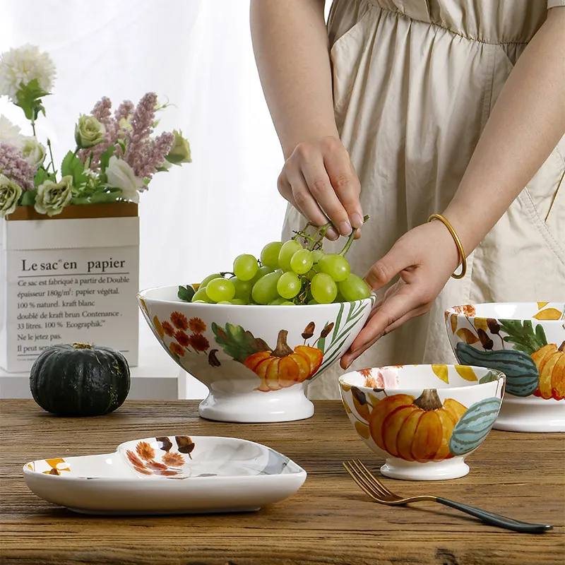 Индивидуальный керамический набор посуды для десертов — американская высокая ножка, круглая чаша для фруктов и салатов в стиле кантри, чаша для риса