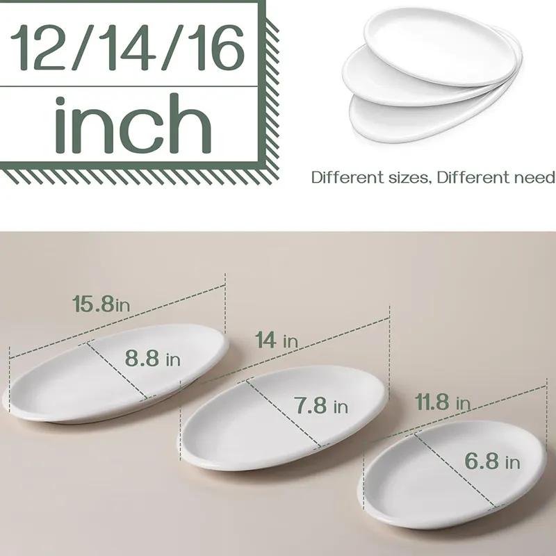 Набор из 3 овальных рыбо-мясных блюд с утолщённым краем 12/14/16 дюймов — большой набор овальных сервировочных тарелок размером 16, 14 и 12 дюймов