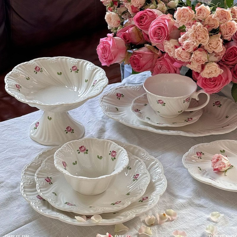 Набор посуды French Muse Rose из керамики: чаша и тарелка с рельефным рисунком, кофейная чашка и блюдце, керамические тарелки, десертные тарелки, оптовая продажа.