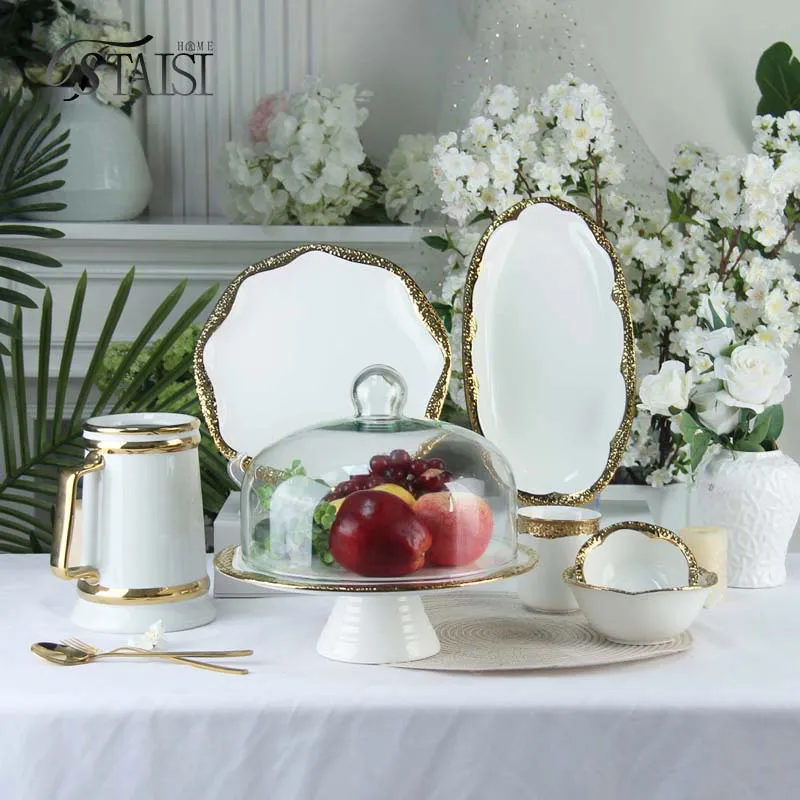 Набор посуды с позолоченным краем — тарелки для фруктов, десертов, рыбы, стейков, западной кухни, чашки и блюдца