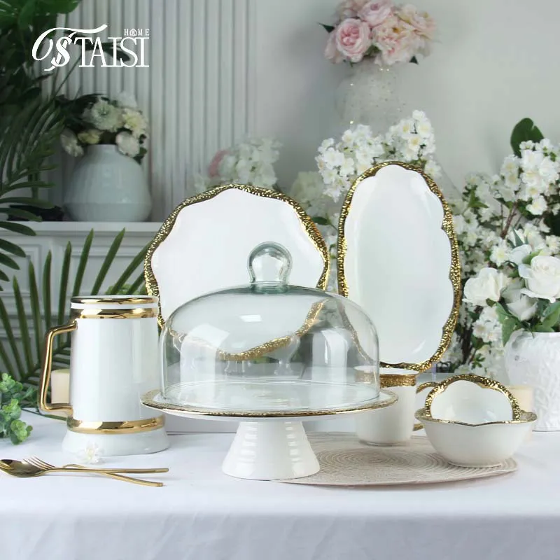 Набор посуды с позолоченным краем — тарелки для фруктов, десертов, рыбы, стейков, западной кухни, чашки и блюдца