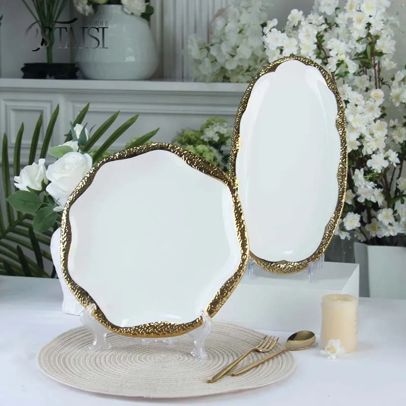 Набор посуды с позолоченным краем — тарелки для фруктов, десертов, рыбы, стейков, западной кухни, чашки и блюдца