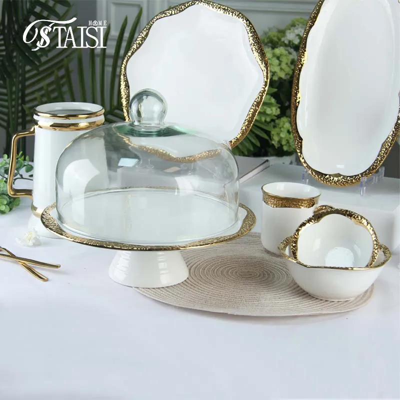 Набор посуды с позолоченным краем — тарелки для фруктов, десертов, рыбы, стейков, западной кухни, чашки и блюдца
