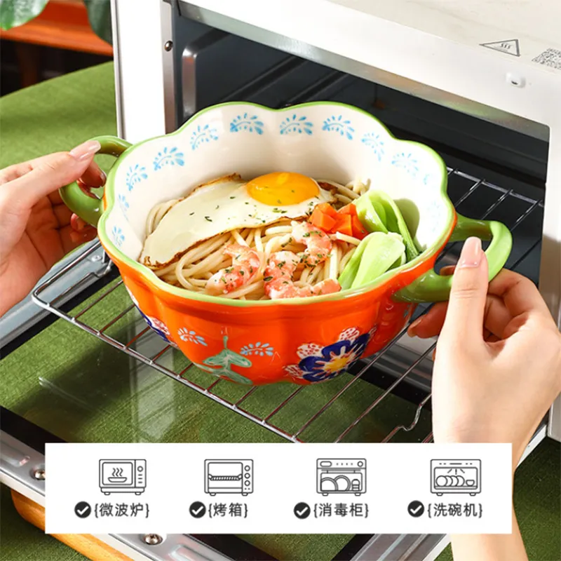 Суповая миска с двумя ручками и подглазурным рисунком — уникальный дизайн лапшиной миски, милая креативная эстетичная большая миска для лапши