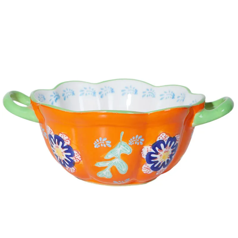 Суповая миска с двумя ручками и подглазурным рисунком — уникальный дизайн лапшиной миски, милая креативная эстетичная большая миска для лапши