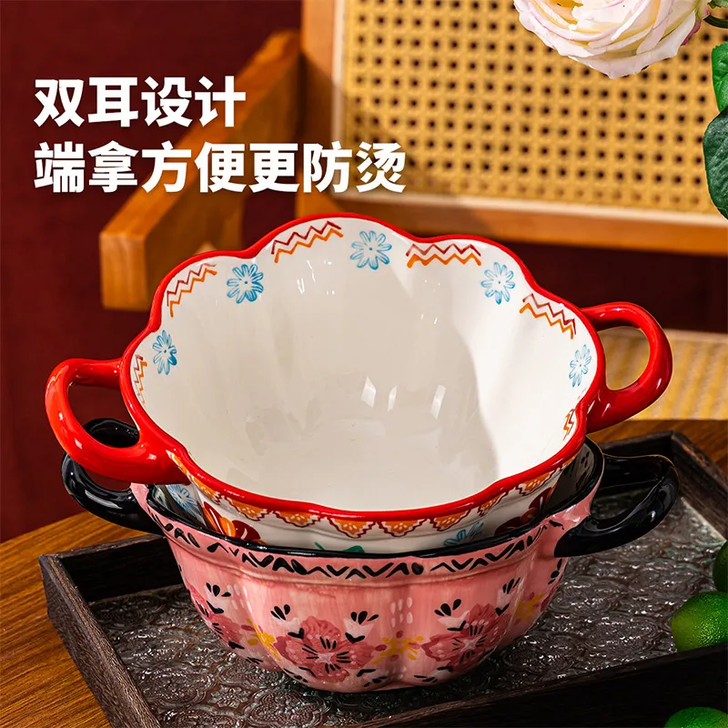 Суповая миска с двумя ручками и подглазурным рисунком — уникальный дизайн лапшиной миски, милая креативная эстетичная большая миска для лапши