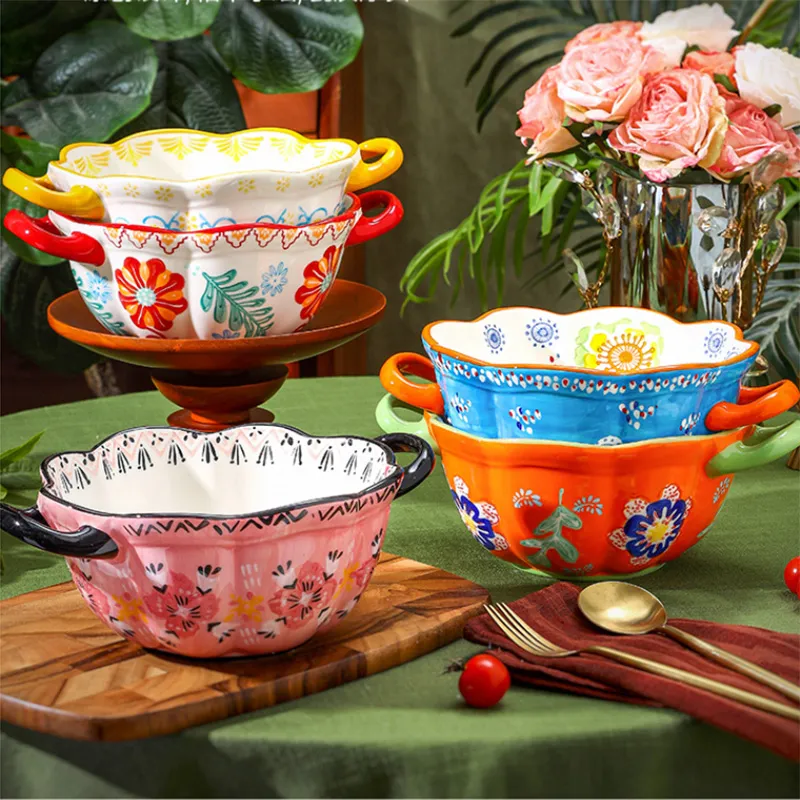 Суповая миска с двумя ручками и подглазурным рисунком — уникальный дизайн лапшиной миски, милая креативная эстетичная большая миска для лапши