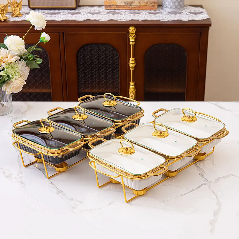 Трёхсекционный керамический противень с двумя ручками — домашняя посуда для подогрева супа и жаркого