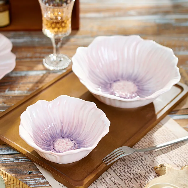 Фиолетовый набор посуды с подглазурным цветочным рисунком — эстетичный домашний набор мисок и тарелок для десертов, риса, салатов и фруктов
