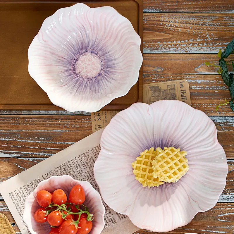 Фиолетовый набор посуды с подглазурным цветочным рисунком — эстетичный домашний набор мисок и тарелок для десертов, риса, салатов и фруктов