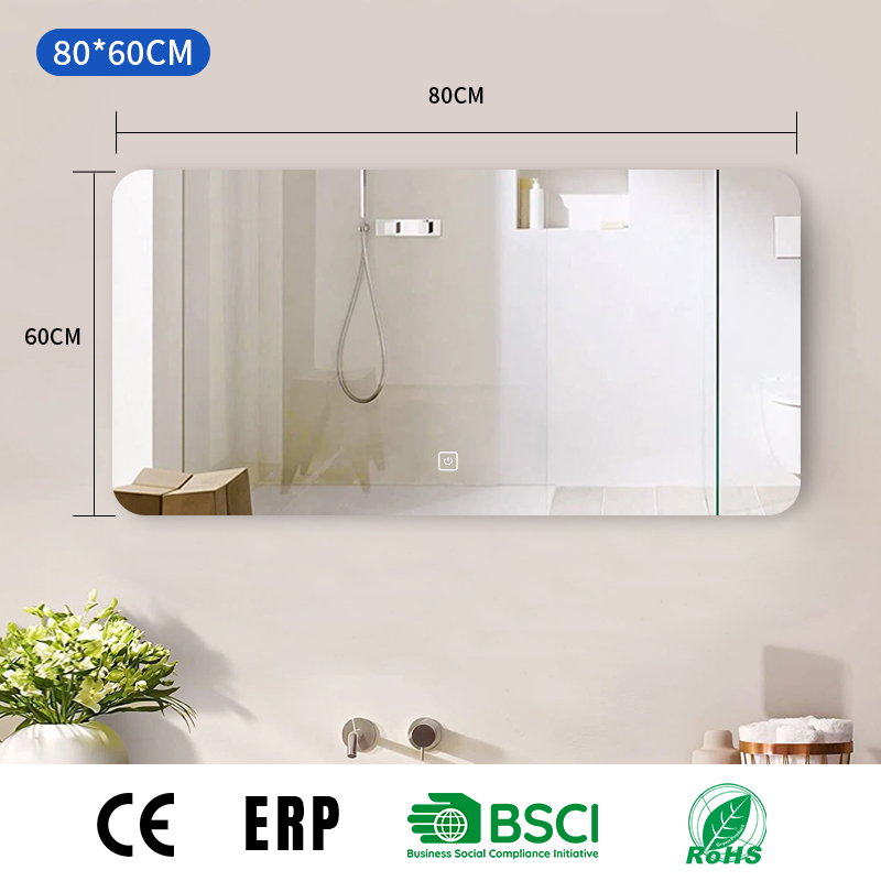 Безрамное прямоугольное светодиодное зеркало для ванной (80 × 60 см) — с подсветкой