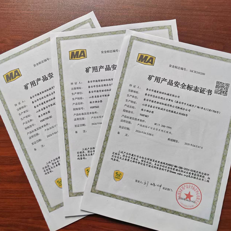 Получены сертификаты безопасности на новые модели гидромуфт компании Тайань Дэмань