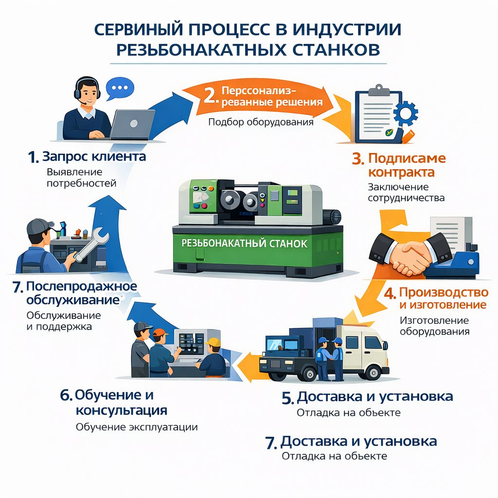 Система комплексного обслуживания: поддержка пользователей автоматических станков для накатки резьбы и формовки концов труб по всему миру