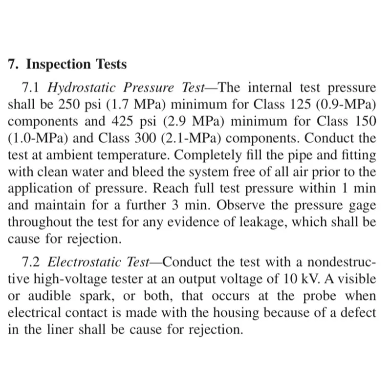 Стандарты на технологию PTFE-футерованных трубопроводов: ASTM F1545, ASME B16.5 150#  Контроль качества продукции