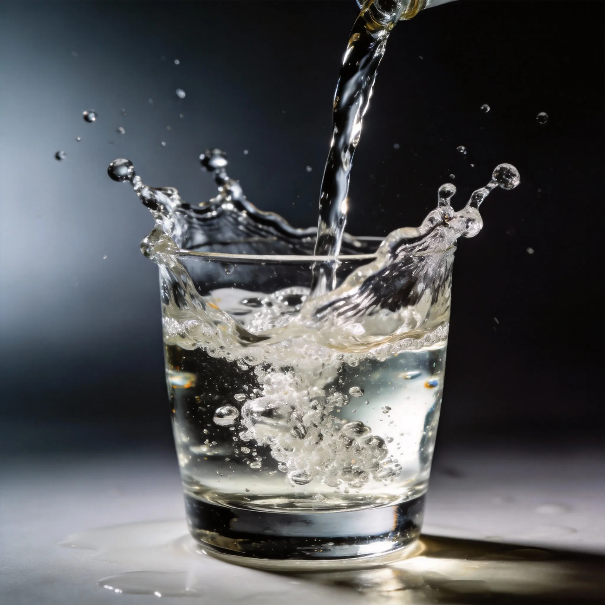 jimeng-2026-01-28-2247-高清摄影风格，透明玻璃杯中清澈的白酒正在被倒入，酒液从高处溅起形成美丽的酒花和泡...
