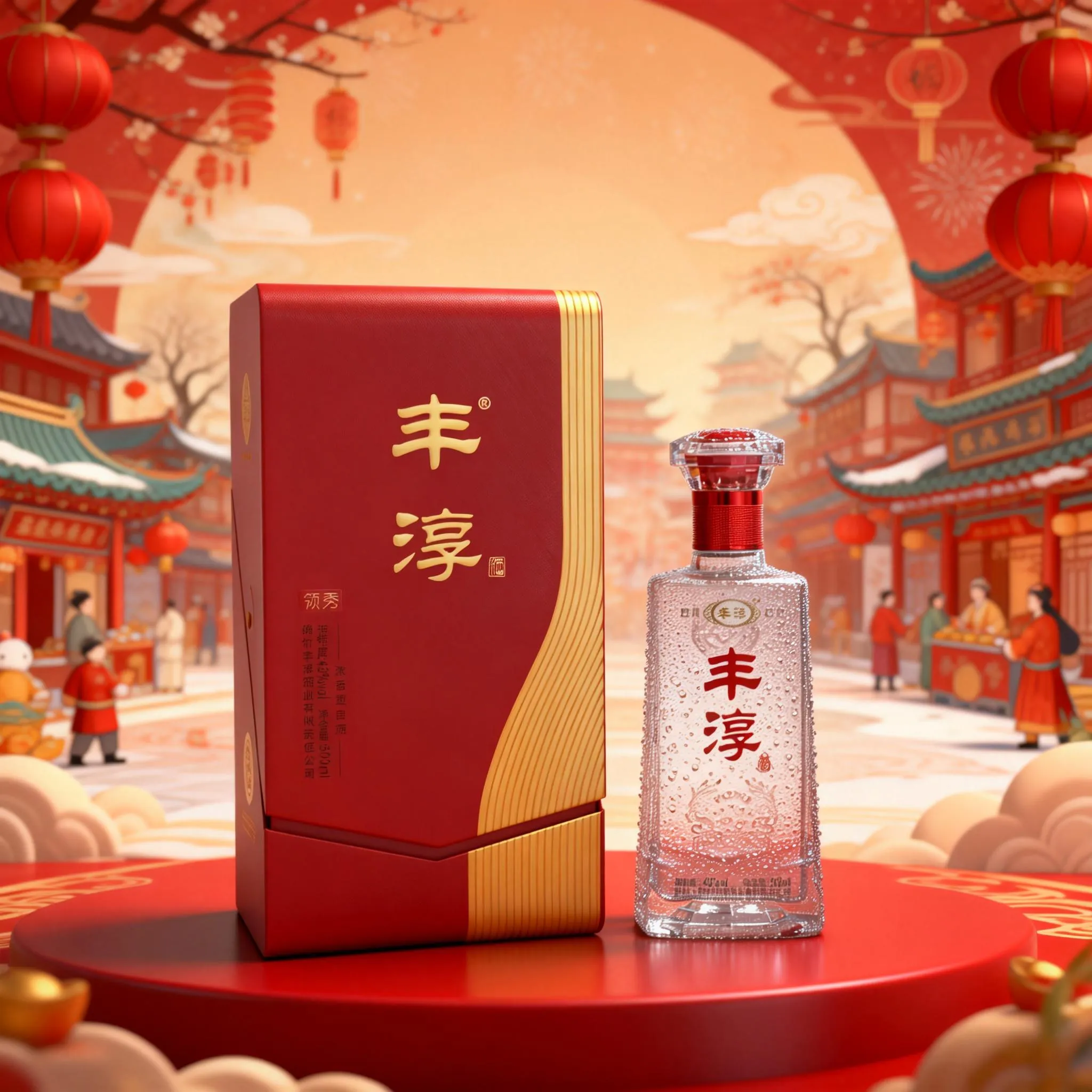 jimeng-2026-02-28-9431-3D白酒促销海报，整体构图居中，中国风插画，酒瓶上有细密水珠与冷凝效果，颜色红色...
