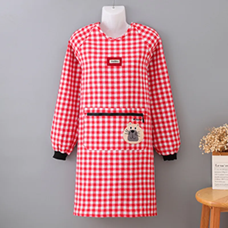 Цзяцили Детский вышитый котенок хлопковый клетчатый передник с длинными рукавами для домашней работы и приготовления пищи защита от пыли устойчивый к загрязнениям комфортный женский 8327
