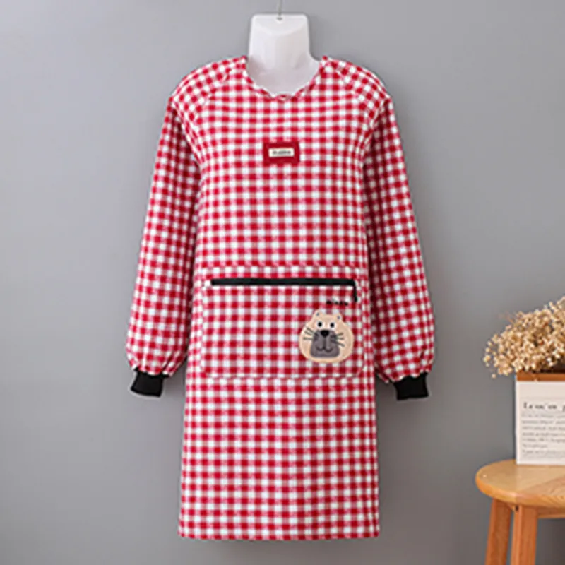 Цзяцили Детский вышитый котенок хлопковый клетчатый передник с длинными рукавами для домашней работы и приготовления пищи защита от пыли устойчивый к загрязнениям комфортный женский 8327
