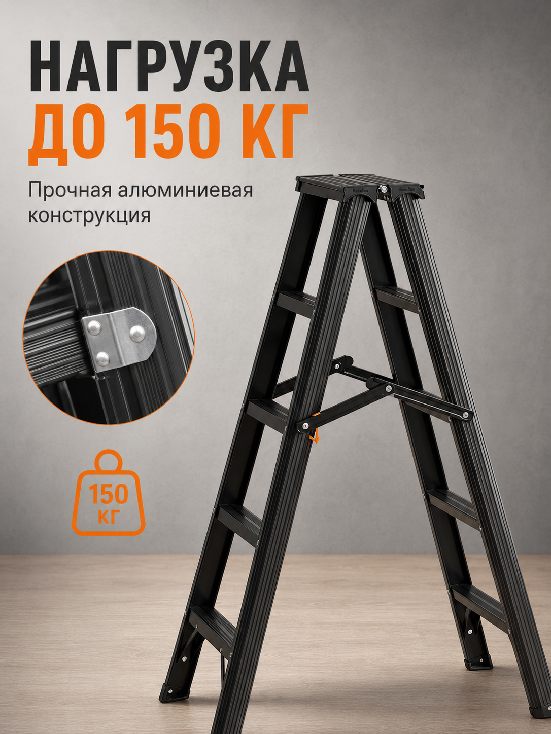 Двусторонняя алюминиевая стремянка AY-LT005, 5+5 ступеней, нагрузка до 150 кг