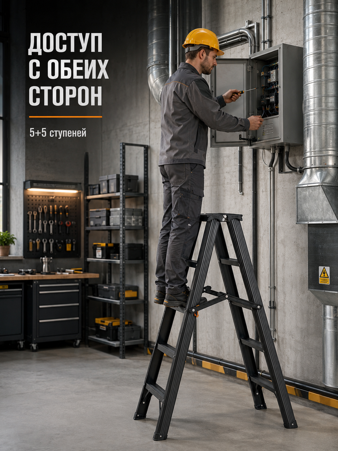 Двусторонняя алюминиевая стремянка AY-LT005, 5+5 ступеней, нагрузка до 150 кг