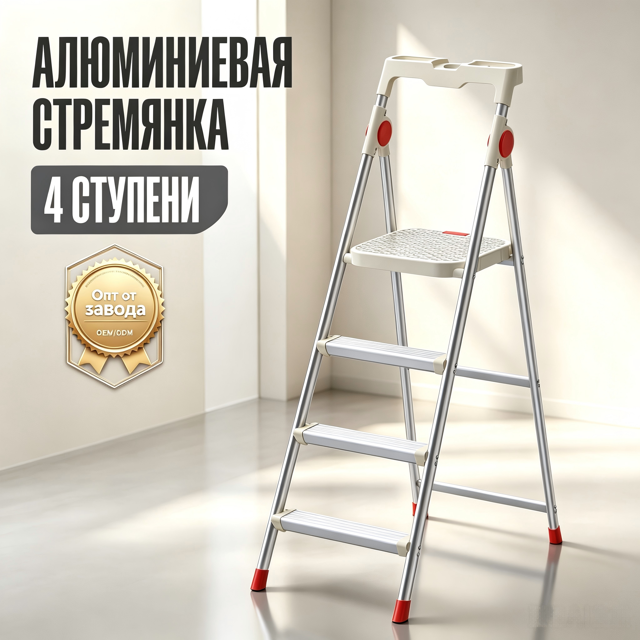 Алюминиевая стремянка 4 ступени для дома и дачи, с широкой платформой и полкой для инструментов