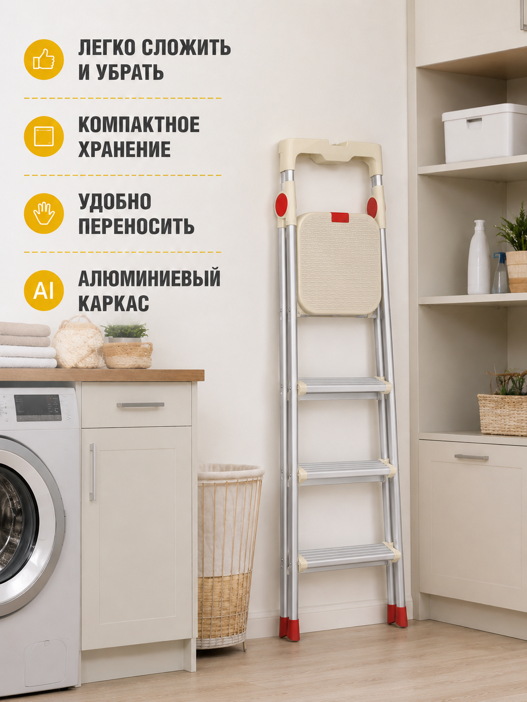 Алюминиевая стремянка 4 ступени для дома и дачи, с широкой платформой и полкой для инструментов