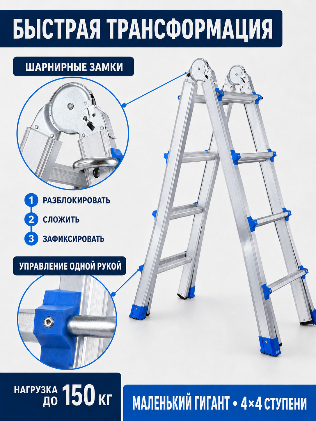 Многофункциональная алюминиевая лестница «Маленький гигант» 4×4 ступени, нагрузка до 150 кг, макс. длина 407 см, стандарт EN 131