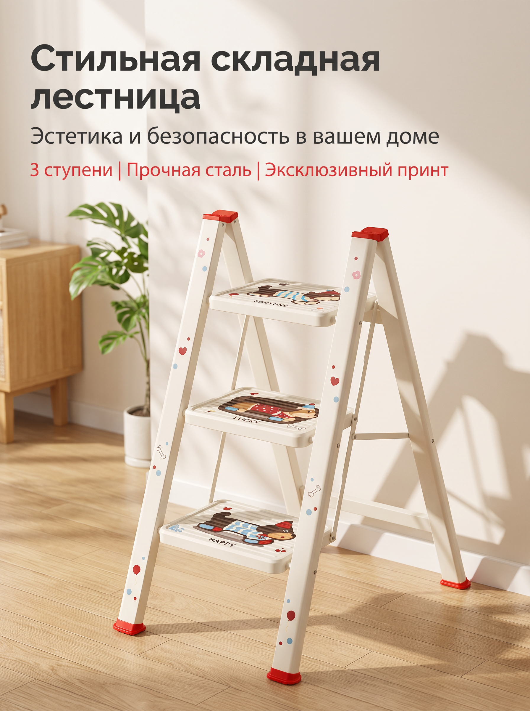 Стремянка складная 3 ступени, стальная лестница бытовая до 150 кг, ультратонкая с принтом