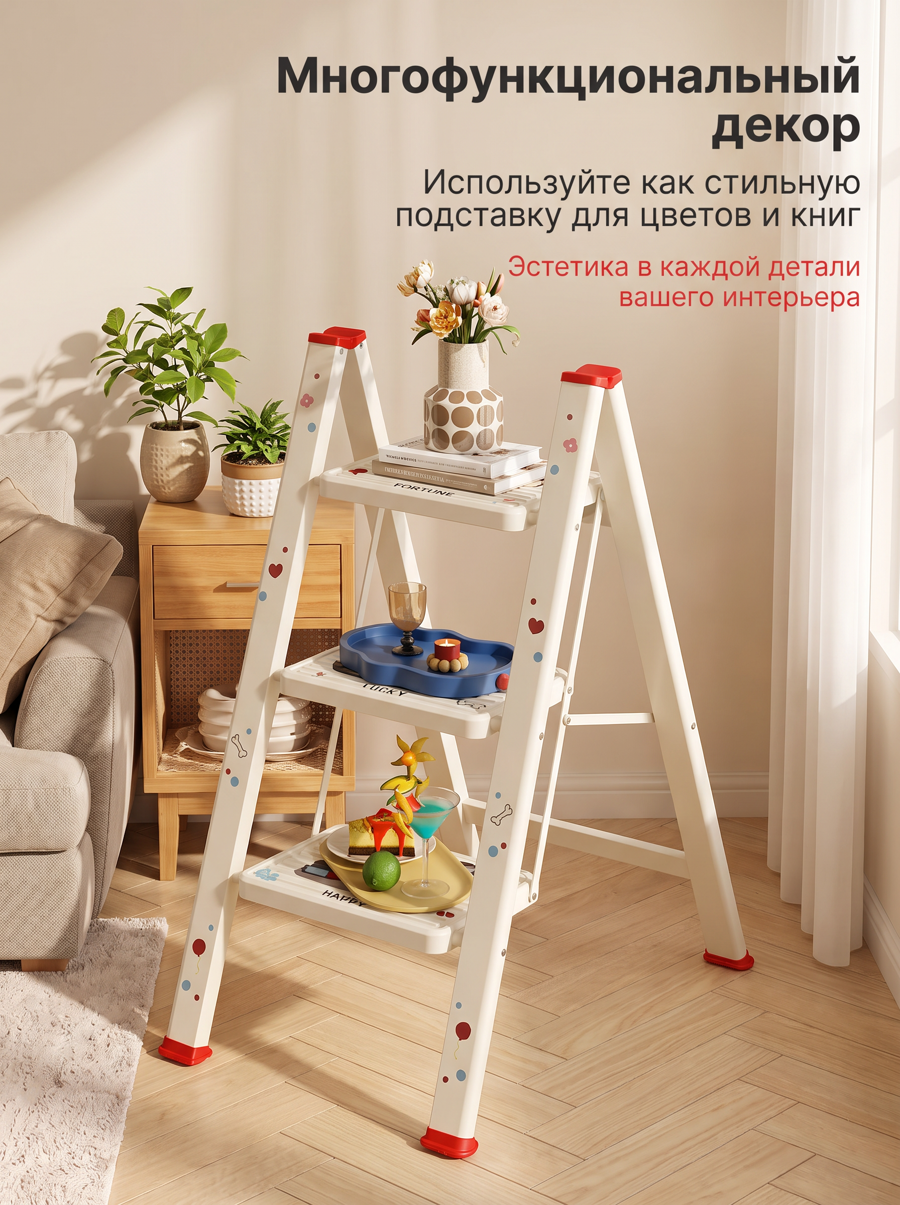 Стремянка складная 3 ступени, стальная лестница бытовая до 150 кг, ультратонкая с принтом