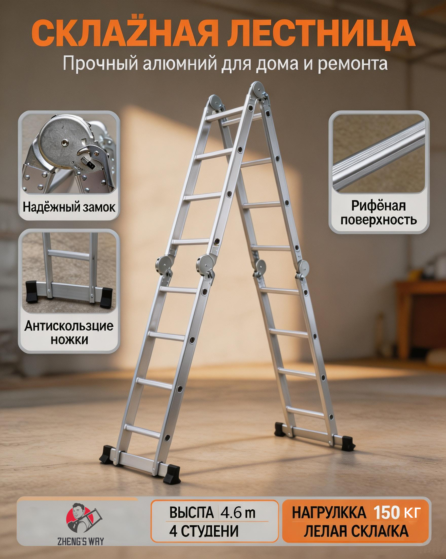 Лестница-трансформер ZHENG’S WAY AY-504: 4×4 ступени, 4,6 м и нагрузка 150 кг