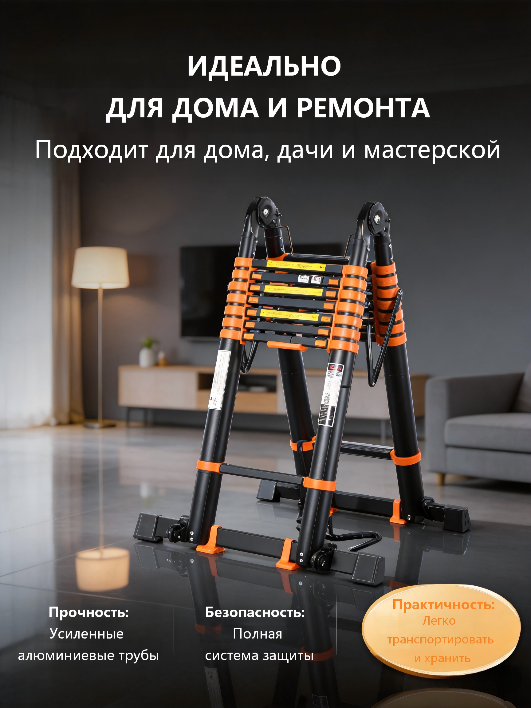 Телескопическая алюминиевая стремянка 5 м AY-ZJ3050C (2×8 ступеней, до 150 кг)