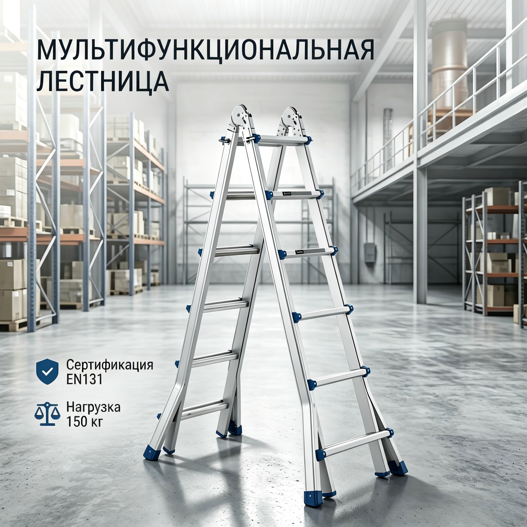 Многофункциональная алюминиевая лестница «Маленький гигант» 4×4 ступени, нагрузка до 150 кг, макс. длина 407 см, стандарт EN 131